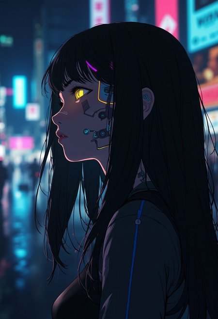 A girl in profile with long black hair, cyberpunk implants in the form of thin lines on her face. A cast shadow is visible across her face. Her eyes glow light yellow, and in the background, blurred lights of a night city can be seen