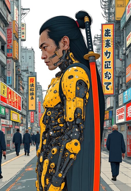 A illustration of A Japanese man on a tokyo street. He is wearing a gold and black cybernetic body suit. He has a katana with a red blade on his back. From behind. He has long black hair tied into a Japanese samurai style bun. 
8k quality, wallpaper,