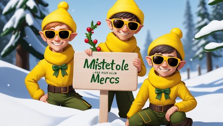 a few small elfs wearing yellow military gear. mistletoe all over and wearing sunglasses. snow everywhere. Christmas themed,they are holding a wooden sign,sign says "Mistletoe Mercs",