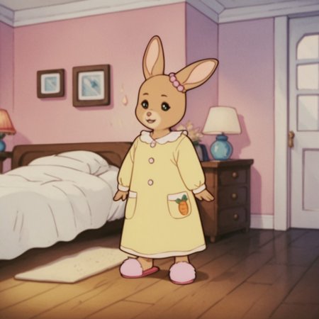 score_9, score_8_up, score_7_up, score_6_up, score_5_up, score_4_up, source_furry, PattyRabbit, anthro, female, rabbit, tan fur, yellow nightgown, long sleeves, beaded ear ornament, pink slippers, standing, in bedroom,