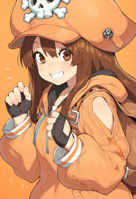 masterpiece,best quality,amazing quality,
1girl, may (guilty gear), brown hair, hat, solo, gloves, brown eyes, fingerless gloves, skull and crossbones, long hair, smile, hood, orange headwear, hoodie, bag, backpack, grin, black gloves, upper body, orange background,
<lora:Henrybird:1>
