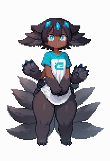 score_9, score_8_up, score_7_up,masterpiece, best_quality, ultra quality,high detail,full body view, whole character view,standing, medium-size chest, thick thighs, slightly wide hips, big ass, bottom heavy, narrow shoulders,estrus, Expressiveh, correct anatomy, correct hands, correct fingers, correct face, correct eyes, correct mouth,correct hair, serious trail, arms crossed,fluffy hair,fluffy, simple background, white background,Faputa, 1girl, dark skin, dark-skinned girl, black hair, short hair, extra arms, dark-blue claws, multiple tails, light-blue eyes, black fur, animal ears, clothes, t-shirt, wearing cyan t-shirt,