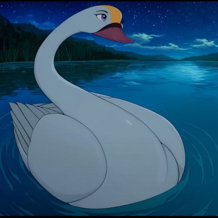 score_9, score_8_up, score_7_up, score_6_up, score_5_up,  j_cartoon, highly detailed, ((detailed shaders)), BREAK, Odette, ((Fera)), Swan, tongue, night sky, letterbox, yellow spot on head, night, lake, floating on lake, odette, blue eyes, feathered, white swan, sky, cloud, water, non-human, outdoors, ripples, starry sky, closed mouth, fish, full body