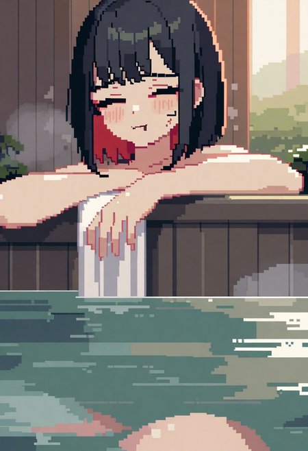 gorgeous lips, cinematic, (masterpiece), (best quality), (ultra-detailed), very aesthetic, illustration, perfect composition, intricate details, absurdres, detailed face, (anime, masterpiece, intricate:1.3), (best quality, hires textures, high detail:1.2), (4k),(incredibly detailed:1.4) 
(game pixel), (pixel art), (pixelart), (focus character), cartoon, (lofi style), pixel art, cutesycotton, (cyberpunk style)
1human girl, black hair, (red inner hair), medium hair, bob cut, fang, ((shy)), angry, closed mouth, closed eyes, embarrassed, onsen, steam, towel, after shower towel wrapped, wet