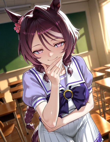 masterpiece, best quality, amazing quality, very aesthetic, high resolution, ultra-detailed, absurdres, newest, scenery, 
1girl, solo, umamusume, sakura chitose o \(umamusume\), braided ponytail, 
tracen school uniform, short sleeves, 
indoors, classroom, 
cowboy shot, smug, looking at viewer, <lora:sakurachitoseoillv1:1>,, glowing, colorful, photorealistic, shiny_skin,dutch angle, <lora:arcain-2411:0.4>,, HDR,photo background,detailed eyes,detailed hands,detailed clothing,detailed shading,dim lighting,chiaroscuro,BREAK depth of field,masterpiece,best quality,amazing quality,very aesthetic,high resolution,ultra-detailed,absurdres,newest,scenery,volumetric lighting,