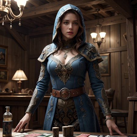 RAW photo, (masterpiece:1.3), subsurface scattering, heavy shadow, (high quality:1.4), (intricate, high detail:1.2), professional photography, HDR, High Dynamic Range, realistic, ultra realistic, photorealistic, high resolution, film photography, ambient lighting, atmospheric effects, <lora:detail_slider_v4:2>, OverallDetail, epic medieval fantasy, a gambler playing cards in a medieval tavern, wearing an intricate gown with icy blue long and messy hair, hood, leaf-shaped pendant, bracelet,  belt, in the morning, <lora:zoom_slider_v1:-1.5>,  <lora:cleavage:-1>, in the style of (DarkFantasy:0.4), epiCPhoto