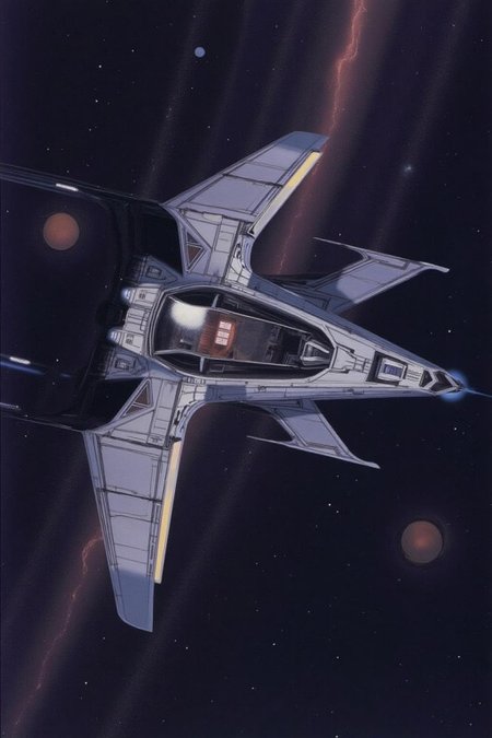 sydme1 painting. A sleek, aerodynamic spacecraft designed for high-speed travel in outer space. The craft features elongated, curved lines that suggest both elegance and efficiency, with large, streamlined wings that taper off into sharp points. The cockpit is centrally located with a transparent dome, giving the pilot a wide field of view.  <lora:sydme6_cap_d6a3:1.0><lora:811003887214643513:0>
