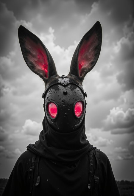 mmstyle, neon-mist, nelisty, A monochrome, faded close-up Portrait of an eerie, ethereal anthropomorphic rabbit cyborg, cyberpunk.