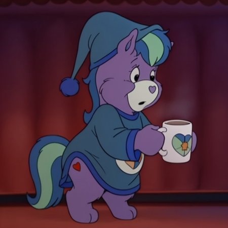 masterpiece, best quality, amazing quality, NobleHrtil, semi-anthro, male, horse, purple fur, black eyes, blue hair green highlights, blue tail green highlights, tummy symbol, full body, inside, light blue nightgown blue trim, light blue night cap, inside, solo, holding a mug of hot chocolate