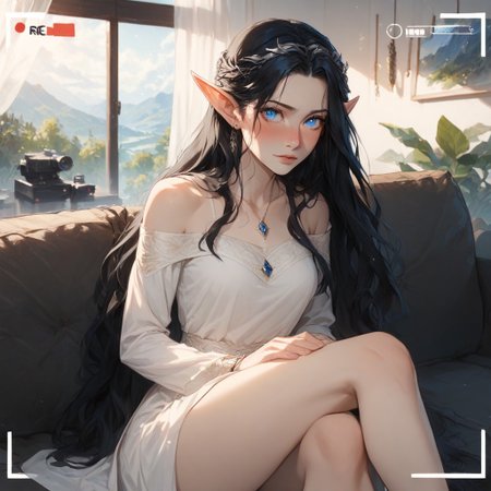 Fullmetal_alchemist style, triba1gir1XL, score_9, score_8_up, score_7_up, 1girl, Arwen_Undómiel, Arwen_(Lord_of_the_Rings), Evenstar, evenstar_pendant, pendant, jewelry, Arwen, elf, blue eyes, black hair, long hair, sidelocks, (embarrassed), sitting, full-face blush, on couch, (recording), media player interface, battery indicator, Scenery, indoors, (casting_couch:1.2)
