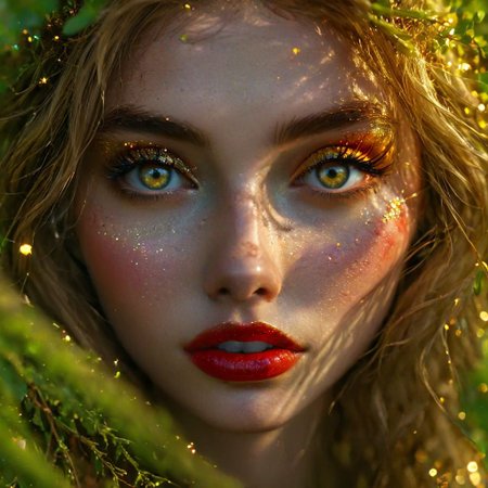 A hidden clearing, moss-draped forest, pulsed, otherworldly glow light. A bonfire, branches of rowan, (dancing shadows:1.2),  whirlwind of violet and gold, surprised look on her face, detailed green/blue eyes, (red lipstick with brown tones) (detailed face:1.2), (golden glitter:1.2), hair mixed with leaves