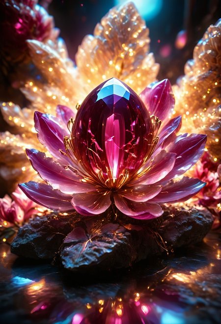 hyperdetailed dyanamic photography of sci-fi futurisitic, based onRhodolite Garnet: A pink to reddish-purple gemstone, displaying a lovely hue reminiscent of rhododendron flowers. futurisitc, color explosion , 
 Grunge, Kinetic Art, Hyperrealism, Fiber Optic Lighting, Low-Key Lighting, Beige Color, Cerulean Color, Burgundy Color, Bokeh Effect, Prism Effect, Ceramic, Electroluminescent Wire, Gold, Action, Science Fiction, Holographic Haze Backdrop, Luminous Labyrinth Backdrop, Unreal Engine, 8k,