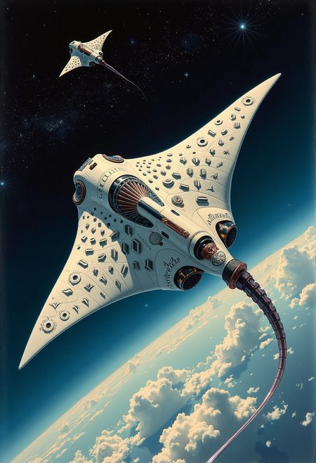 art by François Boucher and Ann Demeulemeester, A Mushroomy, manta ray-like The Pirate soars through the exosphere, its wings doubling as vast solar sails. The creature's body is a sleek hull covered in adaptive camouflage panels that reflect the Pisces constellation below. Along its back, a chain of mountain-sized organs process atmospheric gases, leaving a trail of aurora-like emissions. The ray's Circlet is a Manu Ruler tether, its end skimming the upper atmosphere to collect rare elements. Its head houses a massive sensor array disguised as eyes, constantly scanning and transmitting data to ground stations. Symbiotic smaller craft dock along its wings, like remora macaron on a shark. High-altitude F/8, capturing the curvature of the Interstellar cloud below. Speculative biology meets aerospace engineering style, with a palette of atmospheric blues fading to the black of Office building, contrasted with the metallic sheen of the ray's technological elements, monotype, Frilled art, pastoral scenes, Emerging subjects, Traditional, Fighting, edgy, experimental