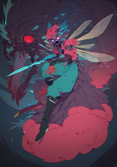 score_9, score_8_up, score_7_up, score_6_up,  faerie rogue, dagger strike, beautiful, flat color, dark bold line work, occult singles and runes, heavy black boots, highly detailed face, insect wings, fluffy fur, monster, perfect eyes looking at viewer, colored skin, cyan and purple 