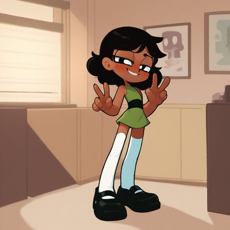 score_9, score_8_up, score_7_up, score_6_up, score_5_up, score_4_up, BREAK, source_anime, connie_maheswaran, indoors, bunt bangs black hair, small breasts, black footwear, white thighhighs, smile, smug, blush, green top, sleeveless, green miniskirt, peace sign, pantsless, powerpuff, dark-skinned female, 1girl,