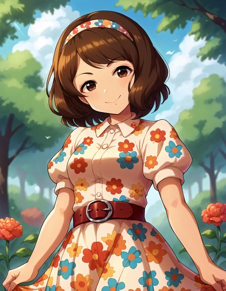 score_9,score_8_up,score_7_up,1girl,solo,cowboy shot,looking at viewer,smile,outdoors,
<lora:nagatomihasumi_ponyXLV6:0.8>,cgnhs,
brown hair,short hair,brown eyes,
hairband,floral print,print dress,puffy short sleeves, belt