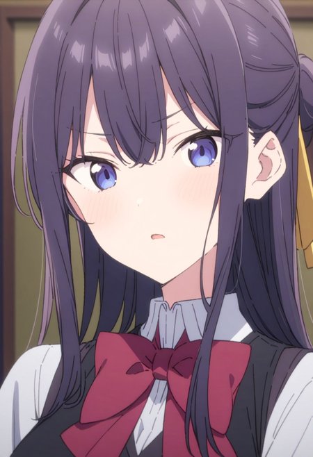 masterpiece, best quality, 32k, high resolution, absurdres, izumi shiho, portrait, bow, closed mouth, blurry background, indoors, bowtie, looking at viewer, open mouth, vest, anime coloring