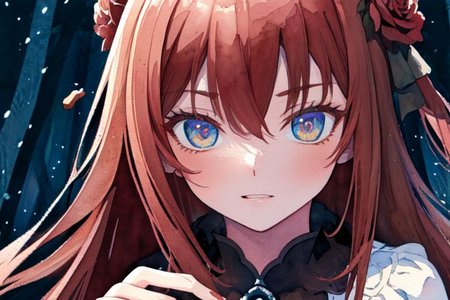 (masterpiece:1.4), 4K8K, (anime style, watercolor painting), (high shutterspeed:1.1), (sharp edges), 
flower rose, 1 woman prey with hands togather, neeling, leaning foward, 
wearing Celtic style dress, (Detailed face, Detailed eyes), 
(chestnut-colour:1.4), in the forest at night,
