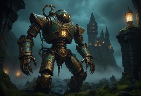 giant bipedal robot brass and dark teal striped paint, bronze paisley robot. lacy robot metal. diving helmet head. outside of a steampunk keep. large detailed torso. dark image. one forty foot tall ancient robot with great arms and two heavy spring legs. dark foggy night background. $dark foggy night image only. dark photo realistic image. steampunk details. cogs, chains and pipes incorporated in the fantasy buildings. magic wizards tower in background. Dark swamp, moss, castle ruins, wizards tower. stormy dark night.  stormy sky.  rain