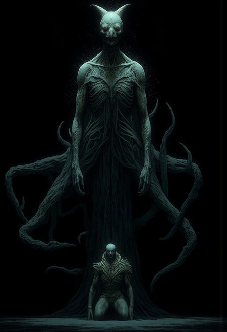 Set against a solid dark black color background to emphasize its unsettling unnatural form that emphasizes its silhouette. The medium is not a traditional painting or illustrative medium like watercolor or ink but rather a digital 3D rendering.
closeup of a man kneeling in front of a Monster Boss resembling an ethereal three-eyed raven
MikeFranchinastyle, d4artstyle, d4concept, , bbstyle,, horror theme,, zbrush, ZBClay model of a gray sculpture, 1990's, 1990's style