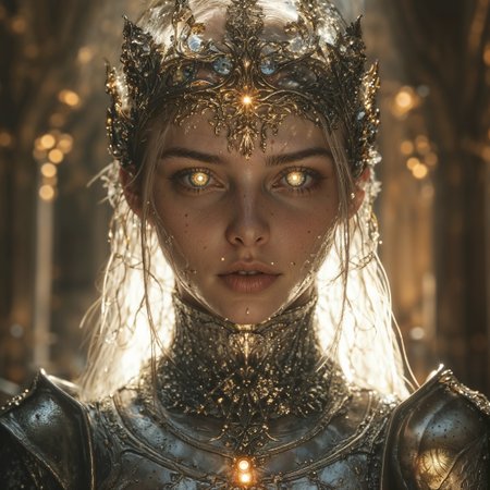 Highly detailed fantasy portrait of a woman with an ethereal and regal appearance. She has fair skin, piercing glowing eyes, and delicate facial features. Her expression is intense and captivating. She is adorned in intricate, metallic armor with elaborate designs, and wears an ornate, golden crown encrusted with jewels that glimmer in the light. The background is blurred but suggests a grand, cathedral-like setting with warm, golden lighting that enhances the mystical and majestic atmosphere of the image.