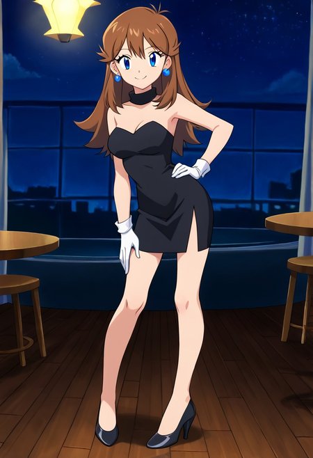score_9, score_8_up, masterpiece, best quality, uncensored, correct anatomy, detailed background, anime_source, 1girl, solo, alone, perfect eyes, perfect arms, perfect legs, perfect face, indoors, medium breasts,  bare shoulders,
gurin, blue eyes, brown hair, long hair, bangs, sidelocks, looking at viewer,  a short black sweetheart bodycon dress, black dress, strapless, sexual arousal, black high heels, blue earrings, round earrings, full body, left hand on hip, right hand on knee, standing up, dance floor, night club, smile, looking at viewers, cowboy shot, indoors, disco lighting