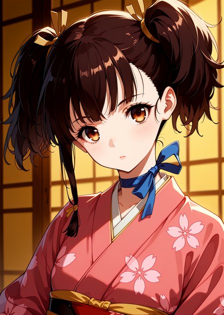 masterpiece, best quality, amazing quality, very aesthetic, absurdres, newest,eyesHD, high gradient eyes, detailed eyes, high definition eyes, 1girl, mumei \(kabaneri\), solo, japanese clothes, kimono, brown hair, twintails, ribbon, short hair, choker, ribbon choker, upper body, hair ribbon, looking at viewer, floral print, brown eyes, short twintails, sash, pink kimono, blue ribbon, lipstick