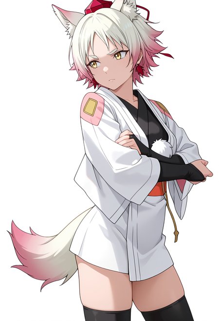 Smooth Quality,masterpiece,very intricate, high quality details, ultra realistic, high detailed skin,detailed enviorement,absurdres,
simple background, white background,solo,
standing, arms crossed, head tilt, serious, balanced stance, confident,  ,sideways,raised eyebrow,
 <lora:Momiji_cnn:0.8> momijicnn,1girl, wolf ears, yellow eyes, white hair, pink hair, short hair, gradient hair, thick eyebrows,tokin hat, japanese clothes,white kimono,sash, black thighhighs, long sleeves, bridal gauntlets,earrings, pom pom (clothes), tail,