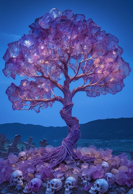 reiq-37400, fluorite mineral, flu0rite, iridiscent, tree made of fluorite, (growing of a skull:1.5), view from above,  moon light, night time, (graveyard,:1.4), bones with plants ground out of them, fluorite plants, fluorite flowers,