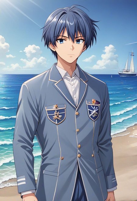 high resolution, solo, best quality, 1Boy, Tomoya Okazaki, Grey Blue Hair, sea, bow cruise ship, stong wind, ocean, OverallDetail