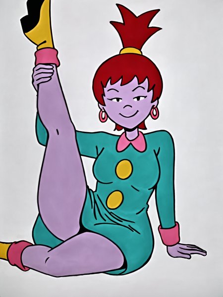 score_9, source_anime, masterpiece, high quality, BREAK, white background, 1girl, <lora:Beebee_Bluff_PDXLv0:0.6> beebee bluff, hoop earrings, green dress, aged up, medium breasts, wide hips, adult figure, mature body, sitting, leg up, looking at viewer, smug,