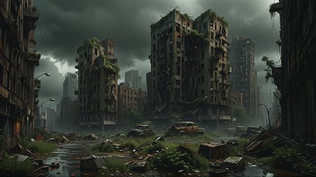 Positive Prompts:,
Ruined skyscrapers,
Overgrown vegetation reclaiming the city,
Dark stormy skies,
Crumbling infrastructure,
Eerie silence,
Flickering lights in abandoned buildings,
Rusting vehicles scattered on empty streets,
Ghostly shadows moving in the distance,
Dark,ominous clouds swirling above,
Distant thunder echoing through the empty city,
<lora:MJ52:0.6>,<lora:éå¸¸è¯¦ç»ï¼æ è§¦åå¨ï¼ - sliders.ntcai.xyz:1>,<lora:- SDXL - vanta-black_contrast_V3.0:1>,<lora:cyberpunk_xl-000004:0.6>,<lora:fallout_style_pony-000010:0.5>,