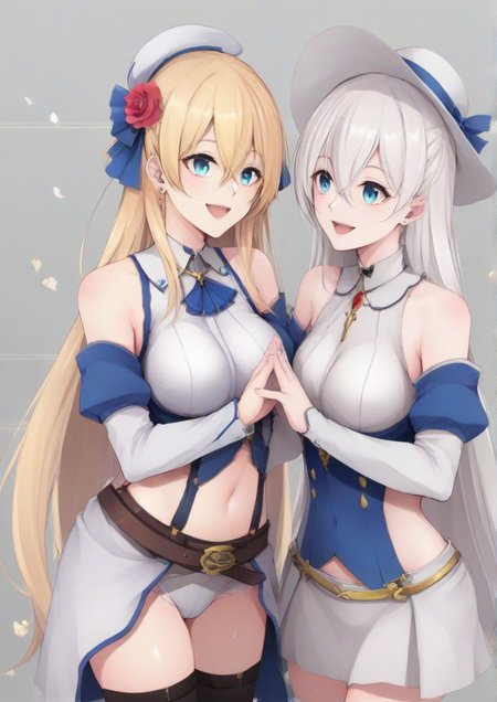 1girl, chevalier d'eon (fate), marie antoinette (fate), marie antoinette (third ascension) (fate), furry female, 1other, androgynous, bare shoulders, belt, blonde hair, blue eyes, flower, hair between eyes, hair flower, hair ornament, hat, large hat, long hair, long sleeves, looking at another, midriff, navel, open mouth, rose, short sleeves, smile, thighhighs, white hair, white headwear, zPDXL3 <lora:mine_wizardãã£ãã:1>