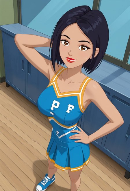 ((room background)),score_9, score_8_up, score_7_up,score_6_up, (detailed face and eyes:1) 
1girl, solo, Naya_HYG, medium light skin, brown eyes, blue black hair, short straight hair, hairstyle bob cut, red lipstick, blue cheerleader top, blue cheerleader skirt, blue sneakers, cute, tall stature, smile, perfect eyes, perfect smile, looking at the viewer, detailed eyes, perfect eyes, standing, big breasts (front pose, front view, full body shot, high angle view:1) five fingers, perfect hands, (one hand on hip, one hand behind head)