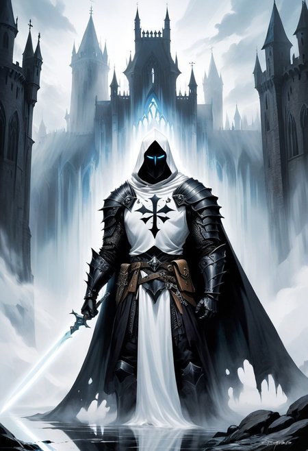 score_10, score_9, score_9_up, score_8_up, score_7_up, masterpiece, best quality, ghost, black armor, black knight, hood, ((hood over helmet)), black hood, duo focus, multiple_boys, 2boys,, two figures, Fantasy, knight, gothic, full plate armor, armor, black, cloak, hood, sith, sword, heavy armor, white light saber, white tabard, shield, reflection, spirit, translucent, black mist, paladin, fighter, rogue, vivid color, castle,