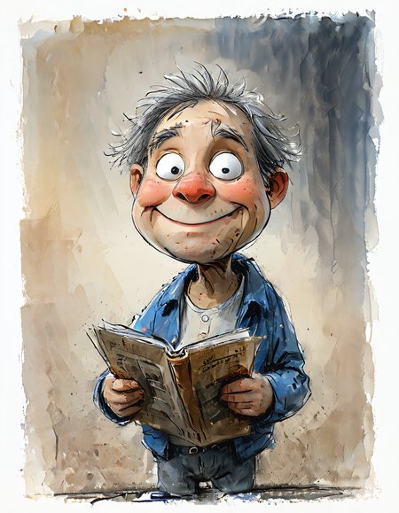 impactful color paint of cute drawing of an old man reading a newspaper, 
highly detailed, sharp, professional, clear, high contrast, crystal clear, 4k, uhd, masterpiece