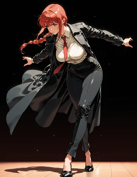 masterpiece,best quality,amazing quality,very aesthetic,high resolution,ultra detailed,perfect details,
1girl,makima,mai_style,mature female,standing,dynamic pose,white collared shirt,black pants,red tie,black leather shoes,black coat,solo,<lora:makima_mai:0.7>,thin thighs,
simple background,<lora:retro_scifi_artstyle:1>,retro_artstyle,
