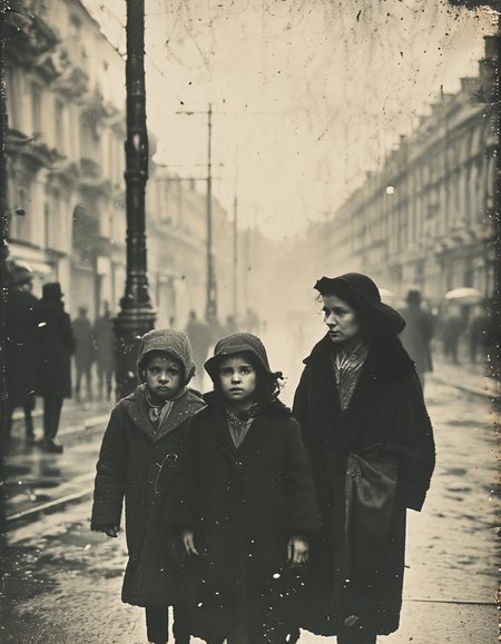 35mm vintage street photo of a poor family, rain, bokeh, 4k, uhd, masterpiece