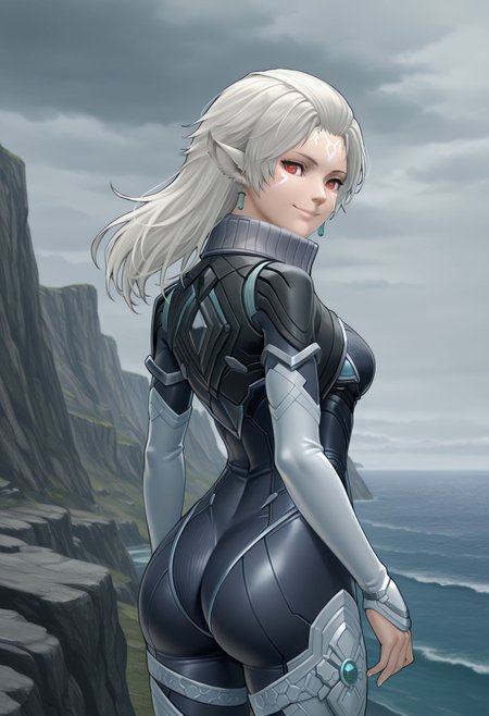 <lora:neilnail_(xenoblade)_v1_IL:0.8> neilnail_(xenoblade), 1girl,long hair, white hair, red eyes, animal ears, medium breasts, facial mark, earrings, jewelry, bodysuit, looking back, looking at viewer, smile, ass, outdoors, cliff, horizon, (overcast, cloudy sky:1.3), rock, realistic,