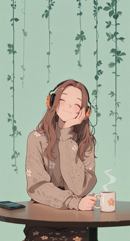 masterpiece, best quality, good quality, newest, highres, absurdres,1girl, solo, long hair, blush, smile, skirt, brown hair, long sleeves, holding, sitting, closed eyes, sweater, cup, headphones, floral print, table, plant, holding cup, facing viewer, hand on own face, green background, head rest, mug, listening to music, Flatline, Flat vector illustration,
klaus_style, <lora:illustriousXL_stabilizer_v1.23:0.3> <lora:NOOB_vp1_detailer_by_volnovik_v1:0.3> <lora:ponyv6_noobE11_2_adamW-000017:0.3> <lora:mon_monmon2133:0.7> <lora:checkpoint-e18_s306:1.3> <lora:klaus:0.5>