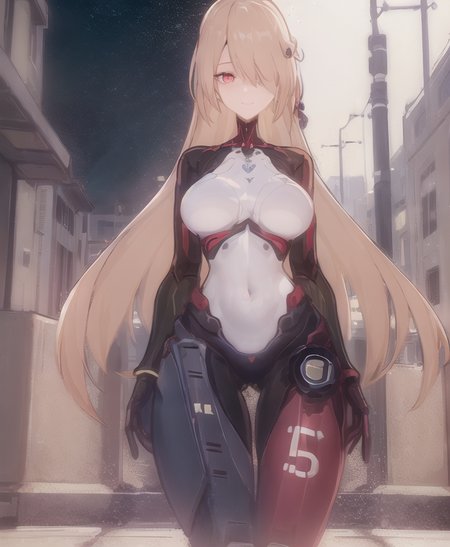 masterpiece, (photorealistic:1.4), best quality, beautiful lighting,(ulzzang-6500:0.4), detailed, full body, sweet smile, Nemesis,  bangs, (cyberpunk_city), night street, black_border, blonde_hair, bodysuit, breasts, (full_body), hair_ornament, hair_over_one_eye, joints, letterboxed, long_hair, looking_at_viewer, medium_breasts, pillar boxed, red_eyes, robot_joints, solo,  hair_ornament, hair_over_one_eye, hairclip, letterboxed, long_hair, The lens is at a 45% angle of view,
<lora:Nemesis_Tower_of_Fantasy:1>