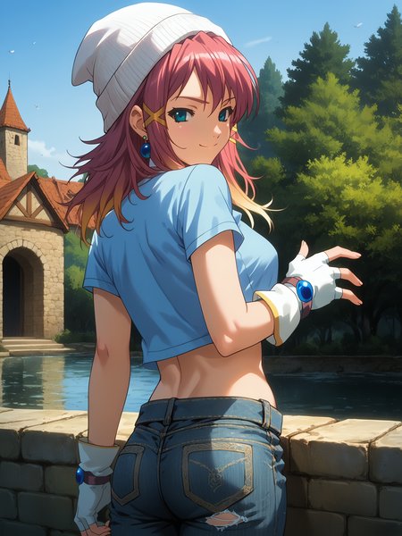 (cowboy shot, solo focus:1.2) <lora:happy_tentacle-asuka-v0.1-000035:1>, ht_asuka, wizard, tiara, white gloves, fingerless gloves (petite:1.2), <lora:Shed_The_Skin's StS_age_slider_v1_initial_release:-1.25> ( :1.1) (sagging breasts:1.2) ( ( head tilt :0.8) , , ( :1.2) , seductive smile , looking back :1.2) , outdoors, vegetation, (overgrown :1.1), , (dawn :0.6), , (:0.5), , (medieval :0.9), (contemporary, streetwear:1.2), torn jeans, denim , beanie , crop top , , two-sided fabric, (jewelry:1.2), earrings, bracelet, necklace, (gradient hair:1.2) , ( :0.8) score_9, score_8_up, score_7_up, score_6_up, score_5_up, score_4_up, ( [(realistic, photorealistic:1.3):(realistic:1.2):16] [(3d:1.2)::14] :1) <lora:LUUNA's Lunas-NijiJourney-SDXL-B2:0.35>, nijijourney <lora:prgfrg23's Counterfeit-V3.0 Style SDXL_LoRA_Pony Diffusion V6 XL:0.5> <lora:mfcg's mfcgXL:0.12> <lora:reweik's gyokai(himehajime)_PonyXL_style_v01:0.14>
