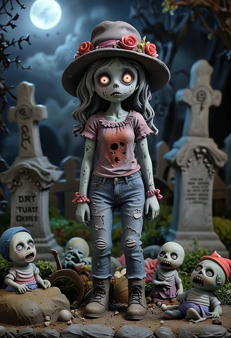 crawling(ghastly zombie) feminine, Average body,  wearing putrid gray dirt-covered top, ragged pants, broken boots, hollow eyes, haunted hat, set in  a haunted graveyard, with shadowy figures, broken crypts, eerie statues, and ghostly whispers, at night, Masterpiece,best quality, very aesthetic,