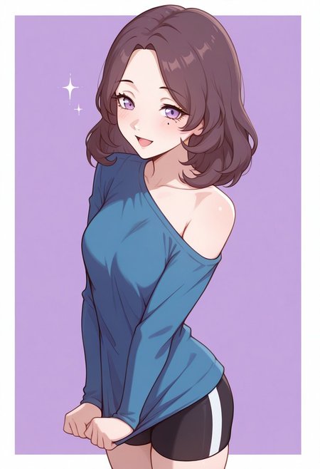 masterpiece, best quality,
sa0r1p3, brown hair, medium hair, mole under eye, purple eyes, makeup, blue shirt, long sleeves, bike shorts, sparkle,
 open mouth, smile, cowboy shot, single bare shoulder, shirt tug, (outside border:0.8) (lidded eyes:0.7)
[sleeves past wrists :3] [midriff peek, thigh gap :7]