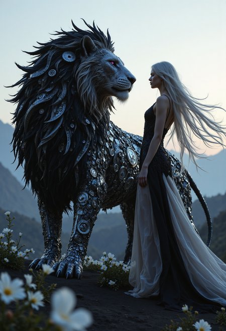  　　A beautiful woman with flowing silver hair and piercing violet eyes stands gracefully beside her companion, a majestic lion crafted from a mesmerizing interplay of black and white clockwork. The lion, a marvel of contrasting mechanical artistry, stands tall and proud, its mane a cascade of alternating black and white gears and intricate cogs, its body radiating a soft, ethereal glow. The woman, radiating grace and elegance, wears a flowing gown of swirling black and white that blends seamlessly with the ethereal landscape. 

The scene is set against a backdrop of a timeless realm where magic and technology intertwine, bathed in the soft glow of a twilight where black and white blend seamlessly.  Rolling hills of black sand stretch out towards a horizon veiled in a soft, white mist. Black and white flowers bloom at their feet, their petals shimmering with a gentle luminescence. This image captures the ethereal beauty and harmonious unity of contrasting forces, a testament to the enduring power of companionship and the enchanting mystery of their shared guardianship over a realm of balance and duality. 