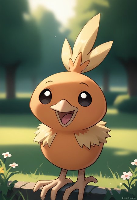 score_9, score_8_up, score_7_up, score_6_up, extremely detailed, shiny torchic, black eyes, cute, smol bean, cowboy shot, happy, open mouth, looking around, solo, facing viewer, front view, the park, outdoors, daytime, bright lighting,