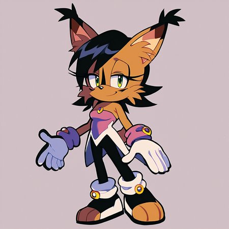 score_9, score_8_up, score_7_up, score_6_up, score_5_up, score_4_up, (Source furry), (rating safe),  <lora:Nicolethelynxpny:1>, nicole the lynx, 1girl, breasts, looking at viewer, smile, short hair, gloves, bare shoulders, jewelry, green eyes, standing, tail, full body, pantyhose, black pantyhose, strapless, half-closed eyes, sonic the hedgehog \(series\), furry, furry female, black hair, animal ears, animal nose, animal ear fluff, solo, solo focus, body fur, brown fur, facial markings