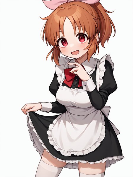score_9,score_8_up,score_7_up, <lora:idolmaster_cinderella_all:1>ï¼1girl, abe nana, black dress, black sleeves, breasts, brown hair, commentary, constricted pupils, contrapposto, cowboy shot, dot nose, enmaided, forehead, frilled apron, hair bow, hand up, heart, highres, juliet sleeves, legs apart, looking at viewer, maid apron, medium hair, open mouth, parted bangs, ponytail, red bowtie, red eyes, shadow, simple background, solo, standing, white background, white thighhighs
