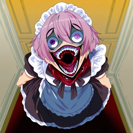 highres, best quality, masterpiece, very aesthetic, newest, <lora:FleshmutantIllus:0.95>  solo,no humans,monstrosity,full body,fleshmutant,evil smile,open mouth,sharp teeth,CivChan,pink hair,purple eyes,maid dress,maid headdress,indoors,flesh walls,flesh pit,crazy eyes,fumihiko_(fu mihi ko),hellsing ultimate,<lora:CivChan:0.8>,mouth eye,extra eye,body horror,fleshy