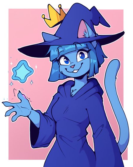 score_9_up, score_8_up, score_7_up, score_6_up, by remanedur, half-length portrait, blue hair, medium breasts, furry female, blue eyes, magic, magic user, casting spell,  female, furry, cat, looking at viewer, blunt bangs, blue robe, witch, blue witch hat, crown, floating crown,  short hair, blue hair, blue body, tail, solo, happy, smile, three-quarter view, head tilt, simple background, white outline, <lora:Leah_Pines(AIM)_XL_v1:0.15> <lora:PDXL_artist_tags_v2_big:0.5> <lora:The-Minuscule-Task_PDXL_v1.0:0.6>   <lora:Cat_Witch_smekbo:0.9>